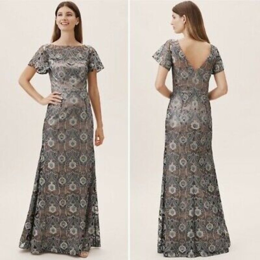 BHLDN JS Collections Adalene Embroidered Illusion Sleeve Gown in Spearmint NWT